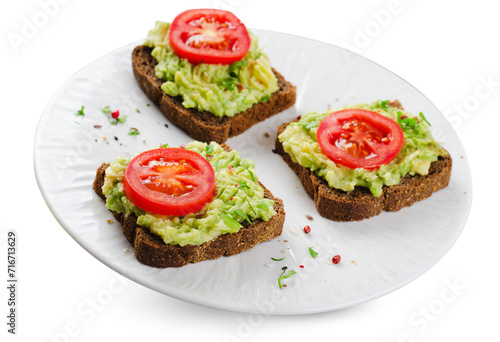 Avocado Toasts with Tomato, Healthy Snack or Breakfast on White Background