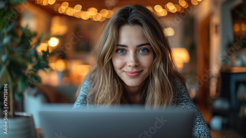 Girl smiling and looking at the camera. Attractive business woman sits at table in front of laptop, negotiates on the phone. Beautiful brunette girl uses gadgets for work.