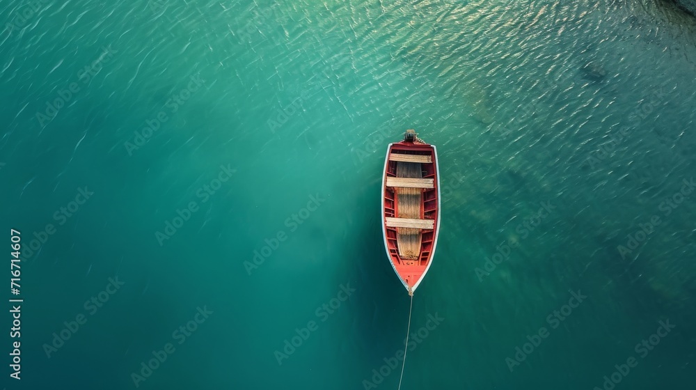 Bird's eye view of a fisherman's boat on a calm ocean background Bird's eye view of a fisherman's boat on a calm ocean background