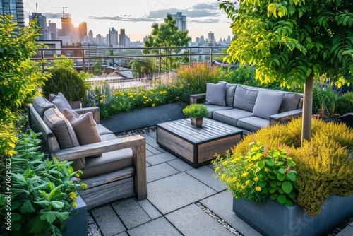 Stylish urban rooftop garden with modern furniture and lush green plants, showcasing an eco-friendly city lifestyle
