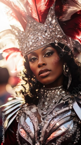 Brazilian Rio de Janeiro carnival, women wearing a costume vibrant colors,celebrating carnival