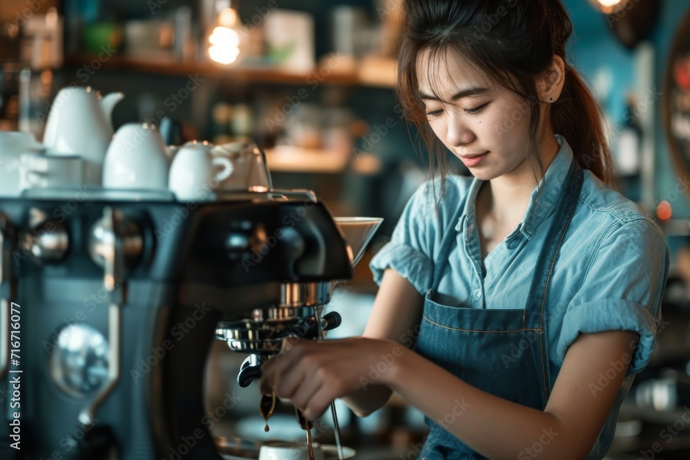 Young Asian female barista preparing coffee in a trendy cafe, wearing a denim apron, with a focus on her skilled hands