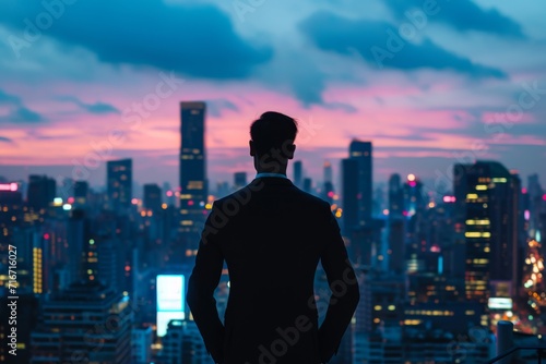 Businessman on a rooftop looking over the city skyline