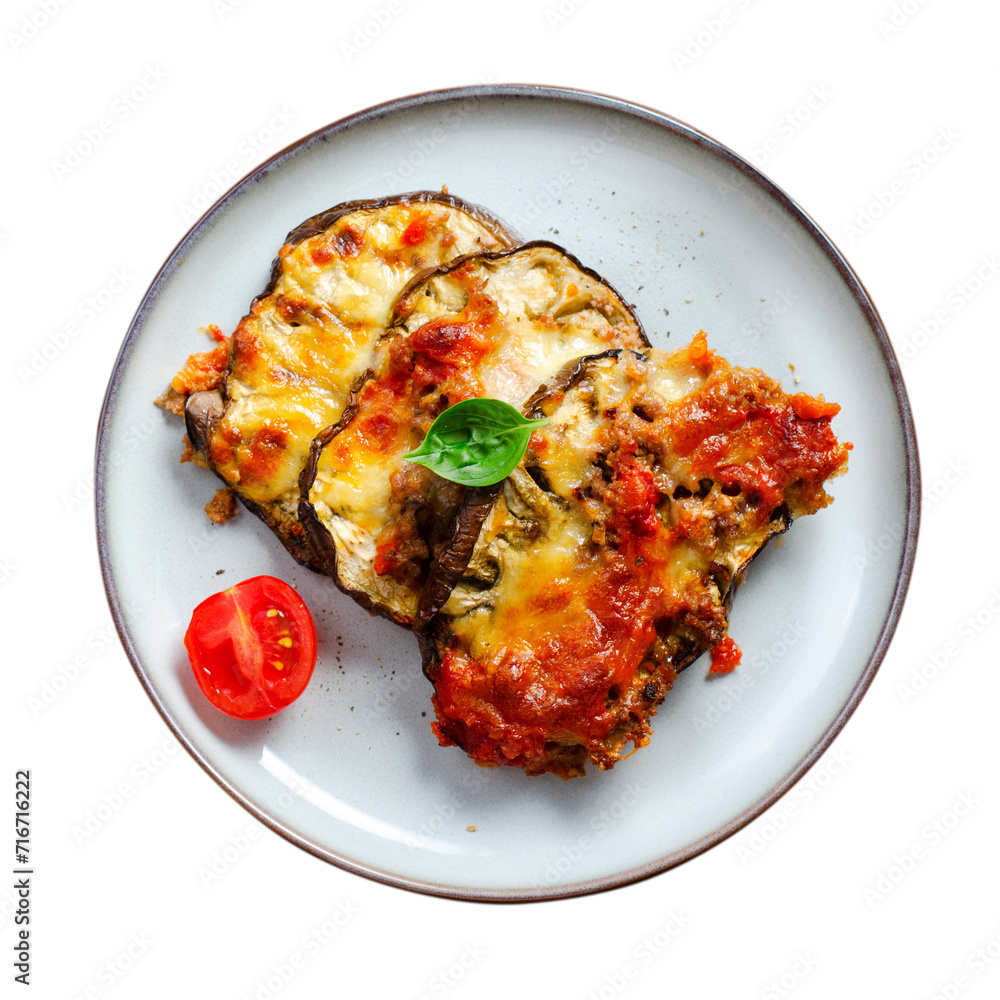 Eggplant Casserole, Roasted Eggplant Dish with Minced Meat, Tomato Sauce and Mozzarella over White Background Eggplant Casserole, Roasted Eggplant Dish with Minced Meat, Tomato Sauce and Mozzarella over White Background