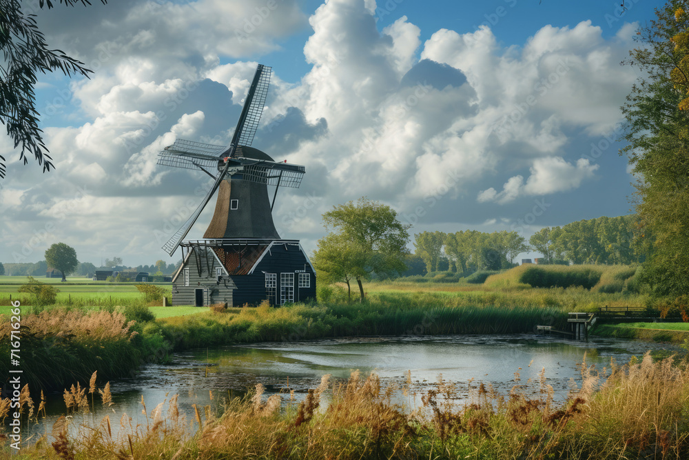 Old windmill in a dutch countryside in Holland
