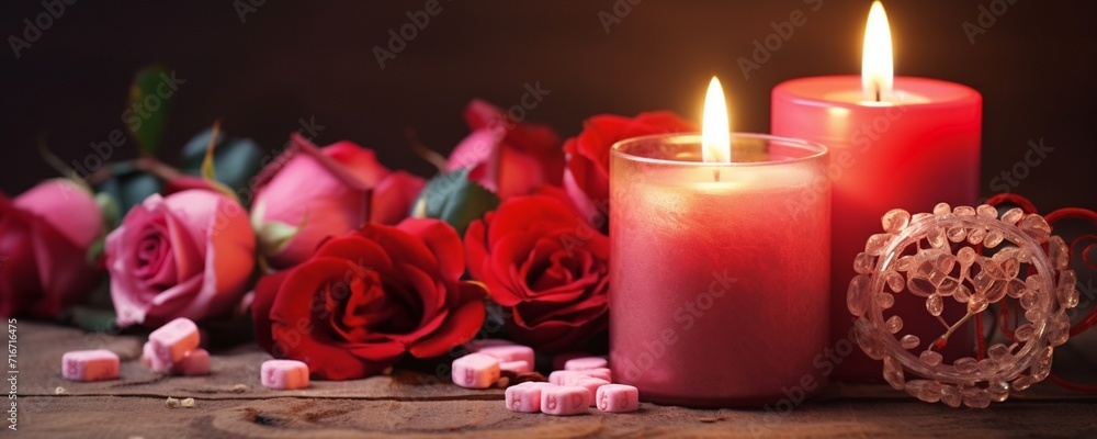 Romantic still life with red roses and candles on wooden background. Romantic still life with red roses and candles on wooden background.