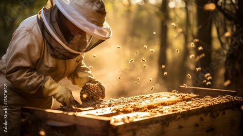 A beekeeper in a protective suit, takes out the frame from the honeycomb from the hive, works, checks the quality of honey in an apiary in the forest. Beekeeping, honey harvesting, farming concepts.