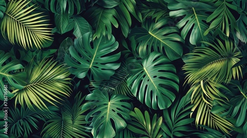 Natural green tones of dense jungle foliage close-up