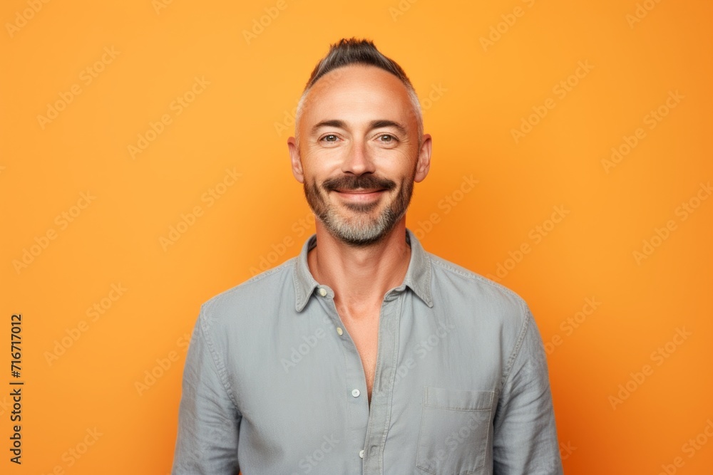 Fototapeta premium Portrait of a tender man in his 30s sporting a versatile denim shirt against a pastel orange background. AI Generation