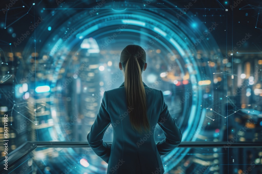 Businesswoman exploring a futuristic smart city concept Businesswoman exploring a futuristic smart city concept
