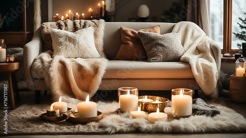 Beige chunky knit throw on grey sofa. Сoffee table with candles against fireplace. home interior design of modern living room. Ai generated. photo