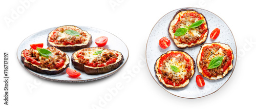 Eggplant Pizza with Tomato Sauce, Minced Meat, Mozzarella and Basil, Mini Vegetable Pizza over White Background