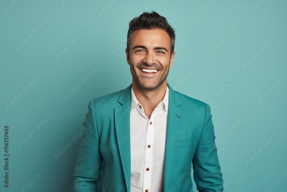 Portrait of a smiling man in his 30s dressed in a stylish blazer against a pastel teal background. AI Generation Portrait of a smiling man in his 30s dressed in a stylish blazer against a pastel teal background. AI Generation