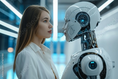 Businesswoman interacting with a futuristic AI assistant
