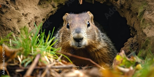 groundhog peeks out of a hole in the spring, Groundhog Day, banner, poster © Dmitriy