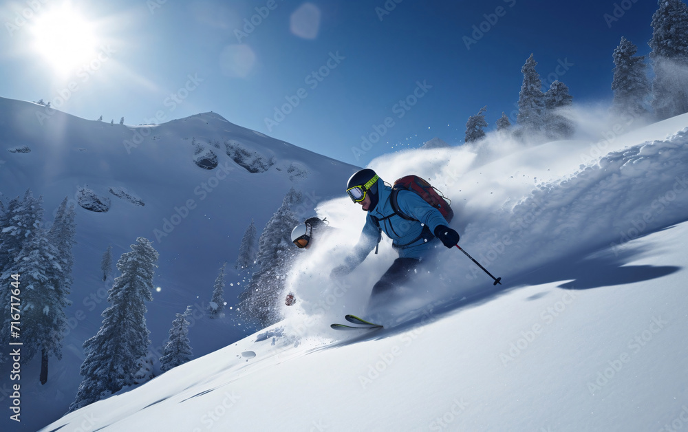 Skier jumping in the snow mountains on the slope with his ski and professional equipment on a sunny day Skier jumping in the snow mountains on the slope with his ski and professional equipment on a sunny day