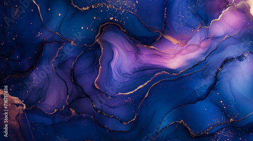 Elegant blue and purple alcohol ink painting abstract background. Dramatic fluid art background with gold streaks
