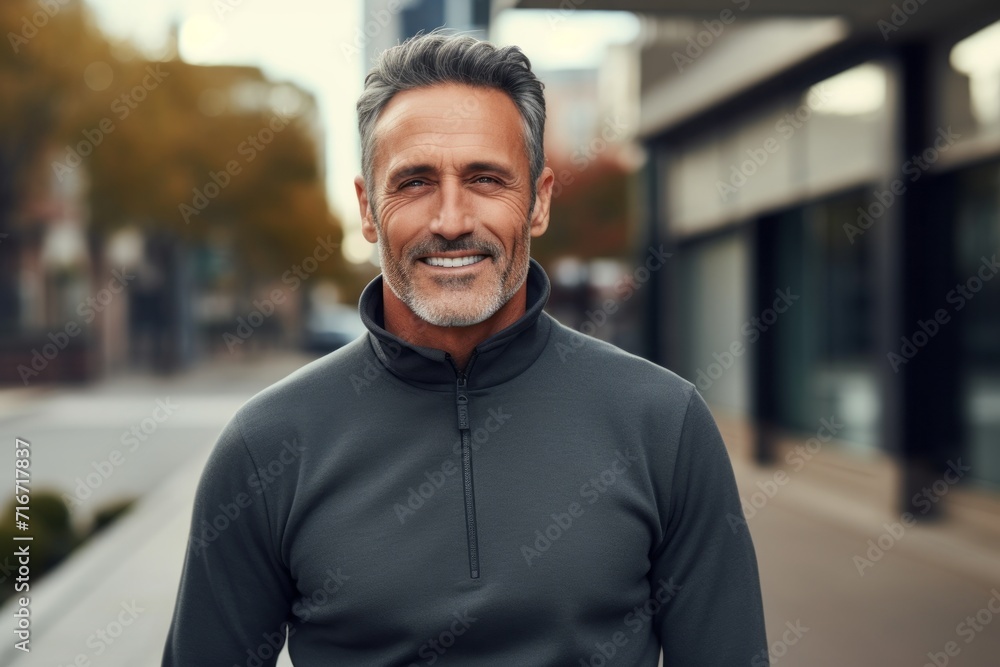 Portrait of a glad man in his 40s wearing a thermal fleece pullover against a pastel teal background. AI Generation Portrait of a glad man in his 40s wearing a thermal fleece pullover against a pastel teal background. AI Generation