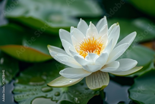 Close-up of a blooming lotus flower in a pond, showcasing its purity and serene beauty