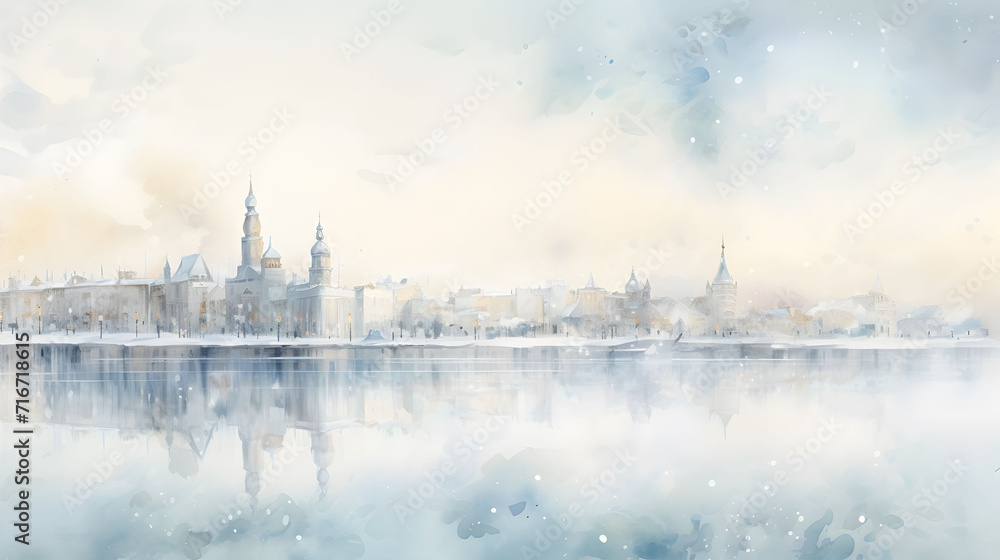 Watercolor illustration with snowy cityscape
​