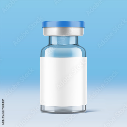 Transparent glass bottles for injections mockup. Vector illustration on blue background. Can be use for medicine, cosmetic and other. Ready for your design. EPS10.