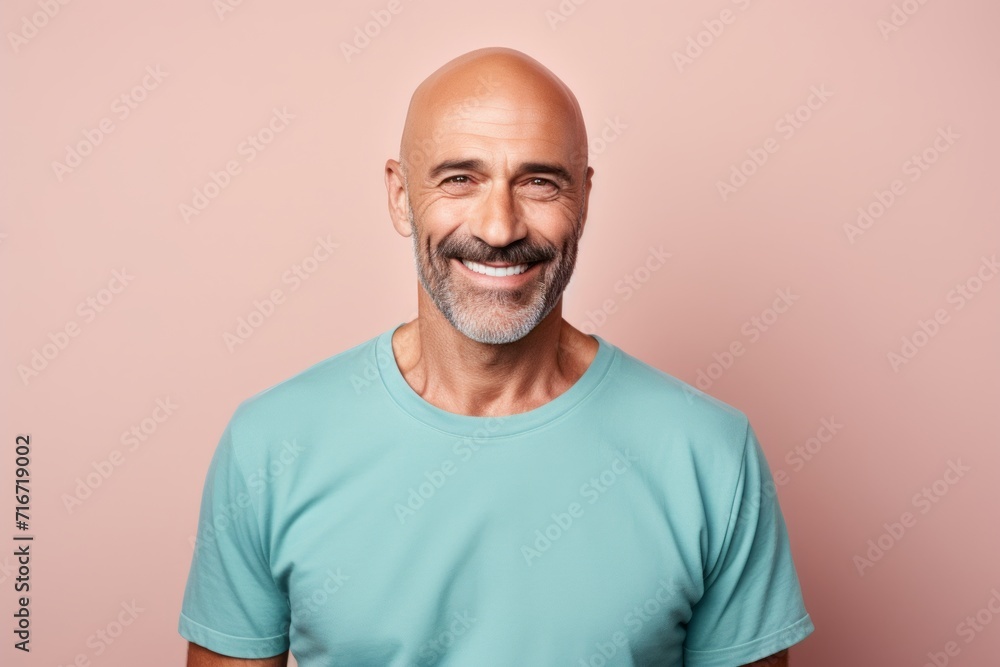 Obraz premium Portrait of a cheerful man in his 40s donning a trendy cropped top against a pastel gray background. AI Generation