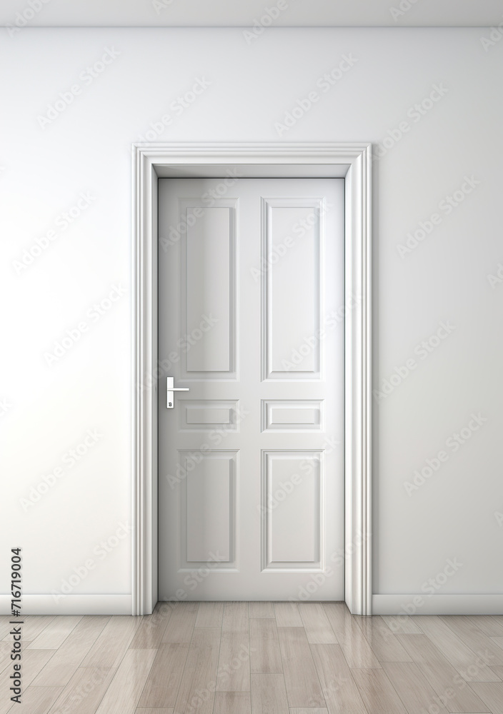 3d rendering of a white door in a room with wooden floor 3d rendering of a white door in a room with wooden floor