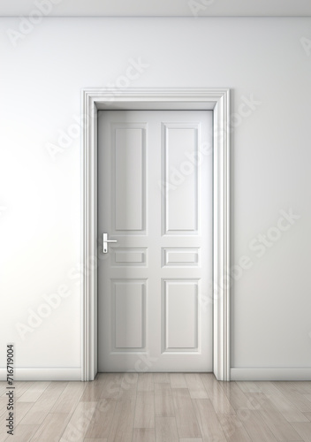 3d rendering of a white door in a room with wooden floor