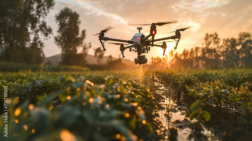 future farmer tools, flying drone spraying pesticides on wet agriculture field
