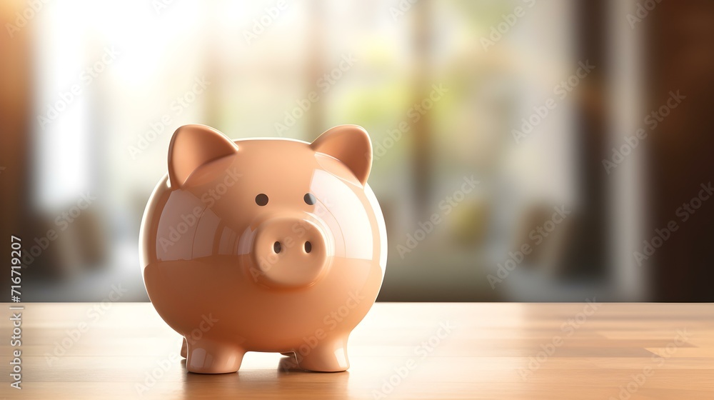 Beige Piggy Bank on a wooden Table. Blurred Interior Background Beige Piggy Bank on a wooden Table. Blurred Interior Background