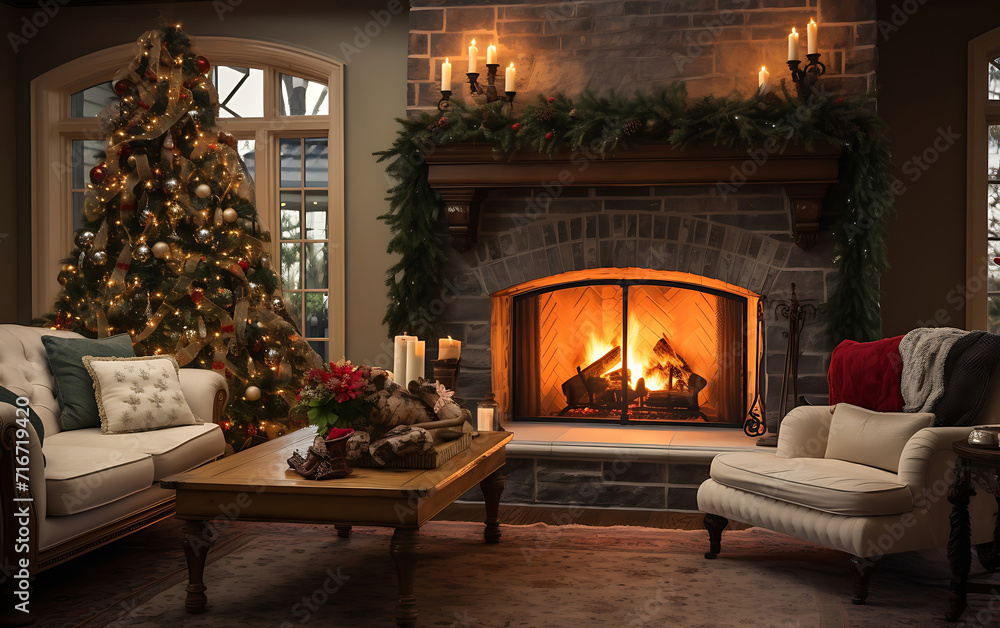 Christmas tree and New Year's gifts in a cozy interior with a sofa and fireplace by the window Christmas tree and New Year's gifts in a cozy interior with a sofa and fireplace by the window