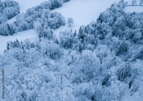 Aerial view of winter landscape with snow covered forest in Switzerland, Europe.