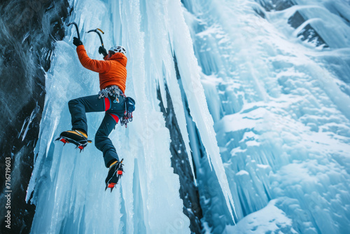 Athletic male free solo ice climbing. Man with ice climbing equipment. Generative AI