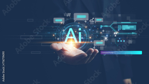 Ai technology,businessman show virtual graphic Global Internet connect Chat with AI, Chat bot, Artificial Intelligence.using command prompt for generates something,Futuristic technology transformation