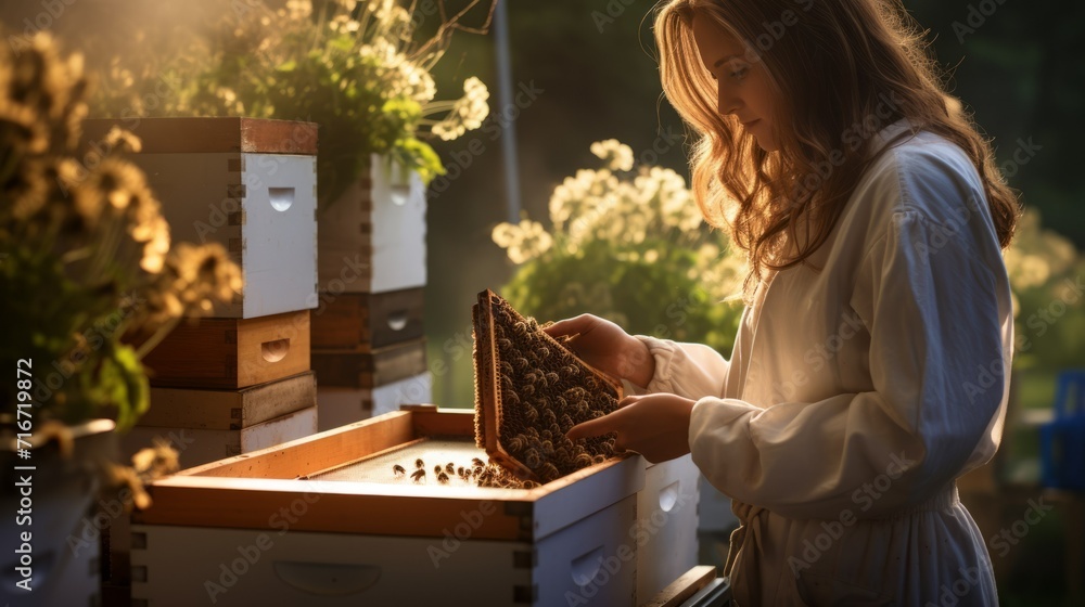 A female beekeeper takes out the honeycomb from the hive against the background of nature and flowering trees in the garden. Beekeeping, honey harvesting, organic farming concepts. A female beekeeper takes out the honeycomb from the hive against the background of nature and flowering trees in the garden. Beekeeping, honey harvesting, organic farming concepts.