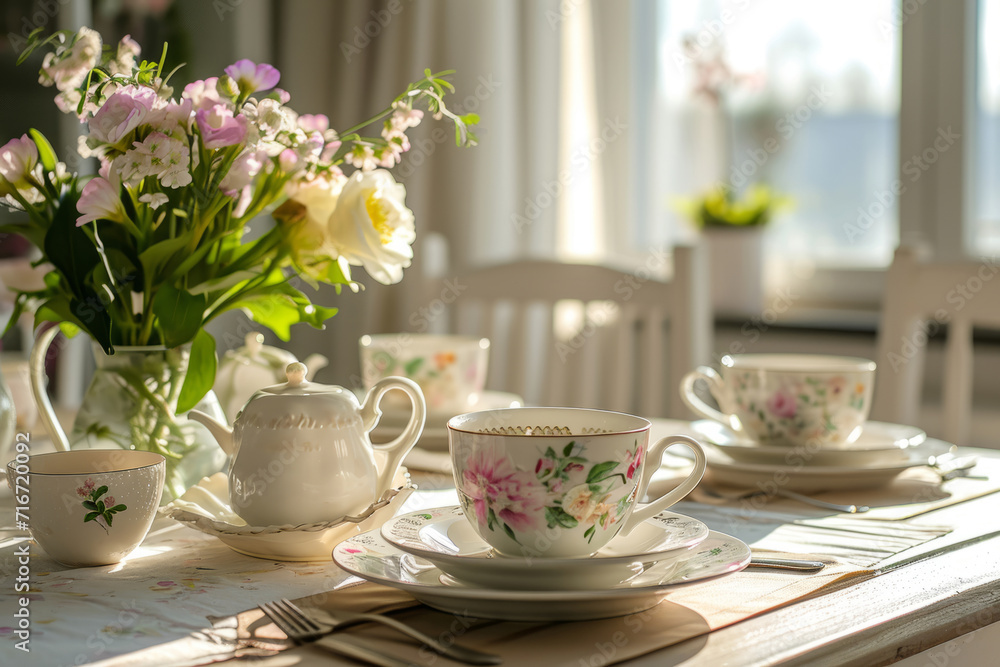 Dining table set with floral tableware on sunny light background. Generative AI Dining table set with floral tableware on sunny light background. Generative AI
