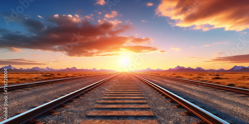 Smooth straights railways extending into distance against sunset,Sunset Railroad Perspective,Endless Railway Vanishing into the Sunset 