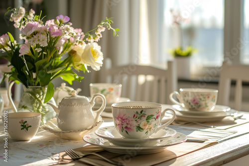 Dining table set with floral tableware on sunny light background. Generative AI