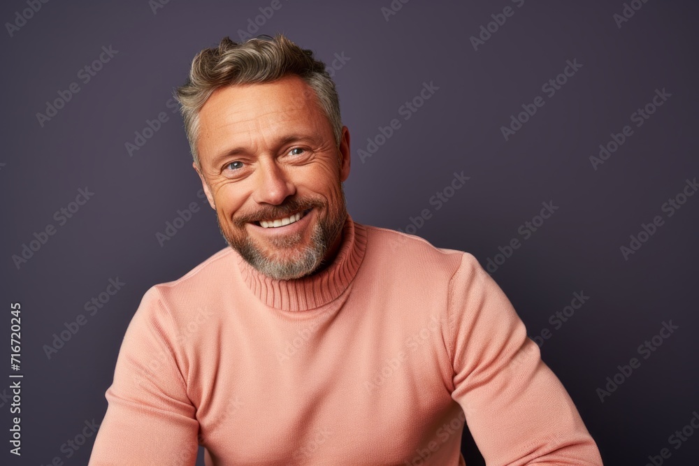 Portrait of a cheerful man in his 40s wearing a classic turtleneck sweater against a pastel brown background. AI Generation Portrait of a cheerful man in his 40s wearing a classic turtleneck sweater against a pastel brown background. AI Generation
