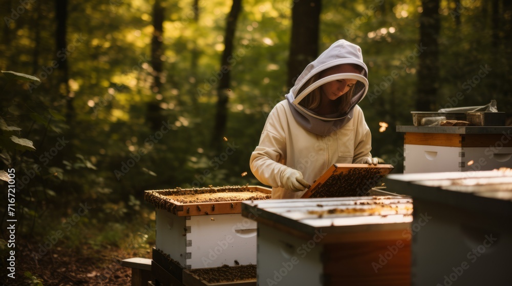 A female beekeeper in a protective suit takes out the honeycomb from the hive against the background of nature in the garden. Beekeeping, honey harvesting, organic farming concepts A female beekeeper in a protective suit takes out the honeycomb from the hive against the background of nature in the garden. Beekeeping, honey harvesting, organic farming concepts