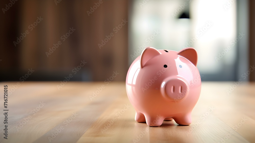 Blush Piggy Bank on a wooden Table. Blurred Interior Background Blush Piggy Bank on a wooden Table. Blurred Interior Background
