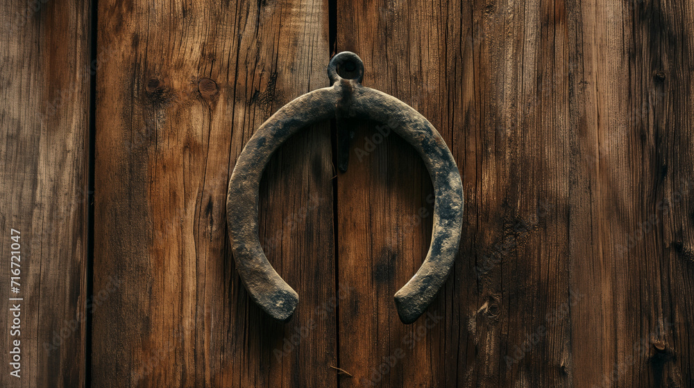 Single horseshoe hung on a rustic wall. generative AI Single horseshoe hung on a rustic wall. generative AI