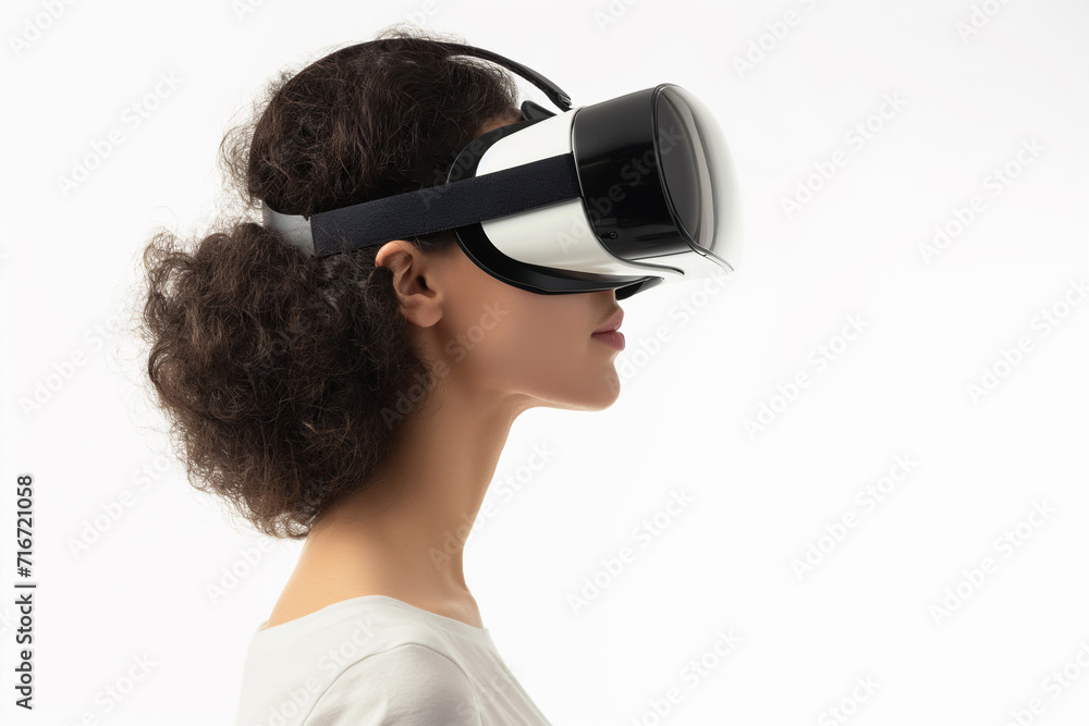 Naklejka premium women wearing VR headset, side view 