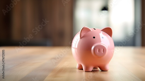 Blush Piggy Bank on a wooden Table. Blurred Interior Background photo
