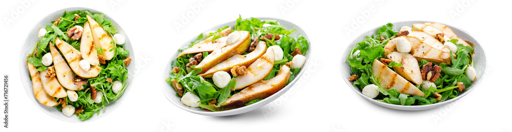 Grilled Pear Salad, Fresh Salad with Pear, Arugula, Mozzarella Pearls, Walnuts and Honey Dressing on White Isolated Grilled Pear Salad, Fresh Salad with Pear, Arugula, Mozzarella Pearls, Walnuts and Honey Dressing on White Isolated