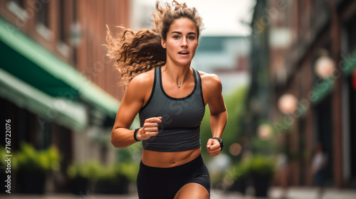 Fit young woman running on urban street, intense workout photo