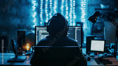 Hacker committing digital cybercrime in front of computer photo