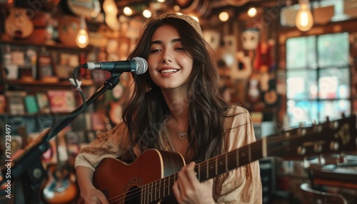 Young woman singer performing at music guitar store, attractive cute face, fun smile expression.