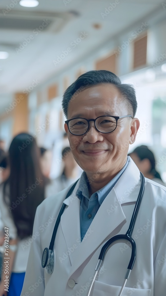 A middle-aged asian male doctor smiles against the background of a busy hospital atmosphere, generative AI A middle-aged asian male doctor smiles against the background of a busy hospital atmosphere, generative AI
