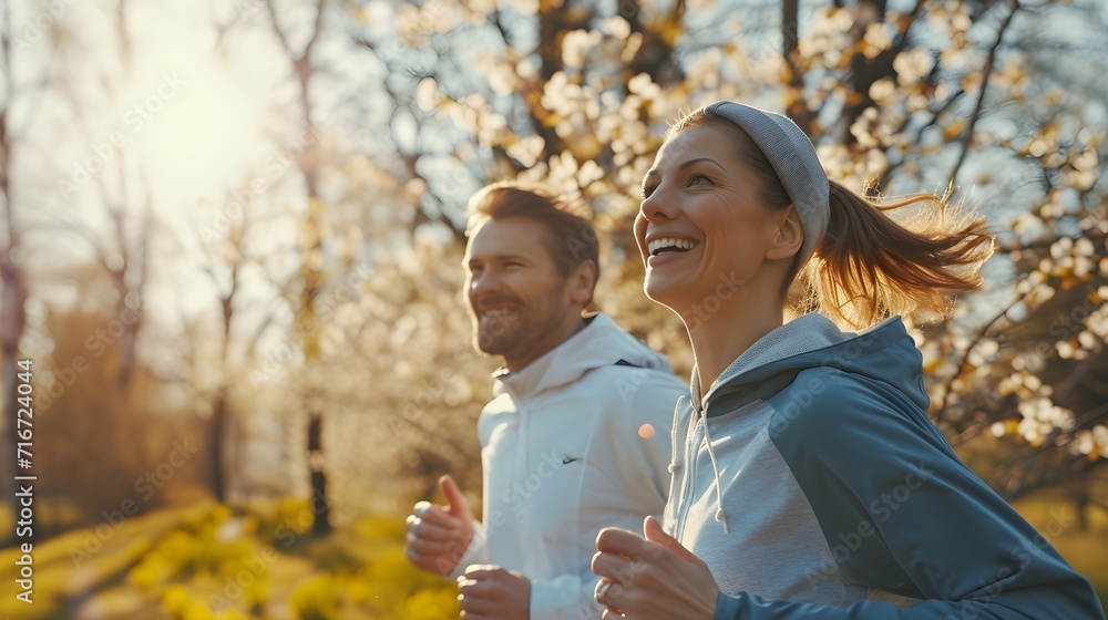 Close-up portrait of happy white couple jogging together among the spring trees, generative AI - obrazy, fototapety, plakaty 